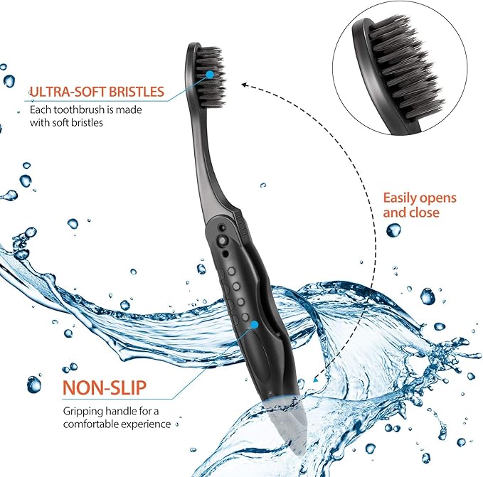 Boao 8 Pack Travel Toothbrushes, Individually Wrapped Folding Charcoal Brushes with Soft Medium Bristles, Portable Collapsible Oral Care Tools for Camping, Business Trips