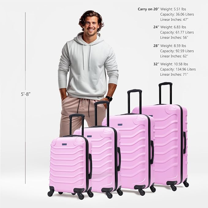 InUSA ENDURANCE Luggage with Spinner Wheels | Durable Lightweight Hardshell Suitcase, Travel Sets with Handle and Trolley | (20in, 24in, 28in, 32in) 4 Pieces Luggage Set | Pink