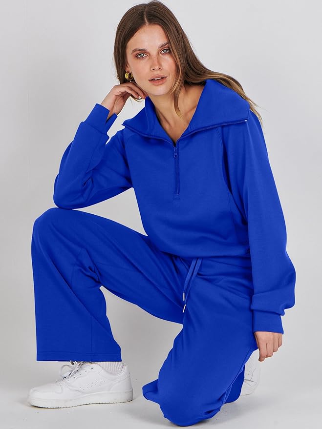 ANRABESS Women’s 2 Piece Outfits Half Zip Sweatshirt & Wide Leg Pants Airport Travel Lounge Matching Sets Sweatsuits Clothing