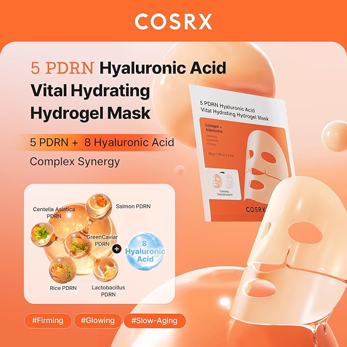 COSRX 5 PDRN Hyaluronic Acid Vital Hydrating Hydrogel Mask, Overnight Hydrogel Face Mask for Glass Glow Skin & Firming with Salmon DNA, Centella PDRN, Mothers day gift, Korean Skin Care (34g x 3ea)