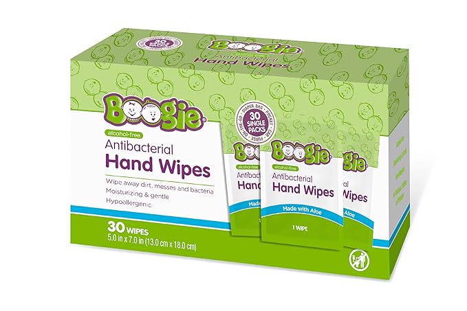 Boogie Antibacterial Hand Wipes - 30 Count - Hypoallergenic & Alcohol-Free - Individually Wrapped - Travel and Diaper Bag Essential