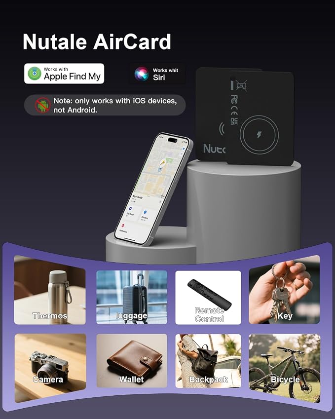 Apple MFi Certified Wallet Tracker-Small Smart Tracking Card for Apple Find My(iOS Only), Magnetic Rechargeable iPhone Card, IP68 Waterproof,Item Tracker Card for Key,Wallet,Bag (4-Black)