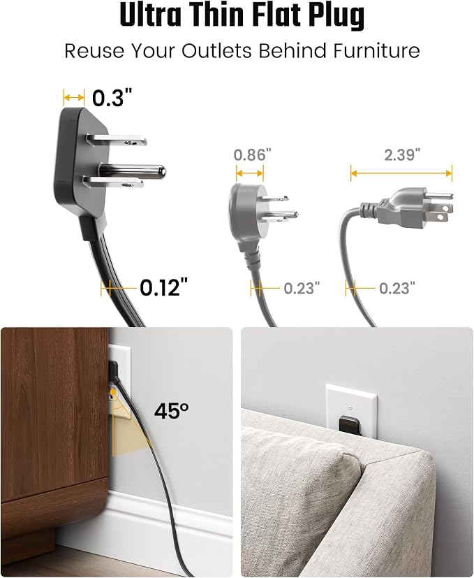 20 Ft Extension Cord with Multiple Outlets, Long Extension with 6 Outlets 4 USB Ports(2 USB C), Flat Plug Surge Protector Power Strip for Home, Office Supplies, Dorm Essentials, Black