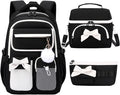 Girls School Backpack with Lunch Box Pencil Case Set, Cute Middle School Bag Teen Girls Backpack Bookbag for Kids, 3pcs Black