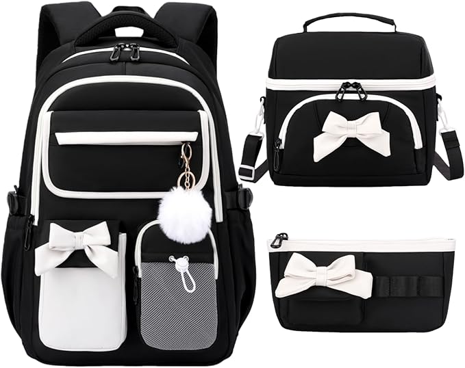 Girls School Backpack with Lunch Box Pencil Case Set, Cute Middle School Bag Teen Girls Backpack Bookbag for Kids, 3pcs Black