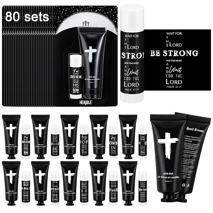 80 Sets 160 Pcs Church Gift for Men Bulk Black Hand Cream and Lip Balm Religious Bible Verse Cedar Scent Lip Moisturizer Christian Appreciation Gift for Coworker Church Party Favor