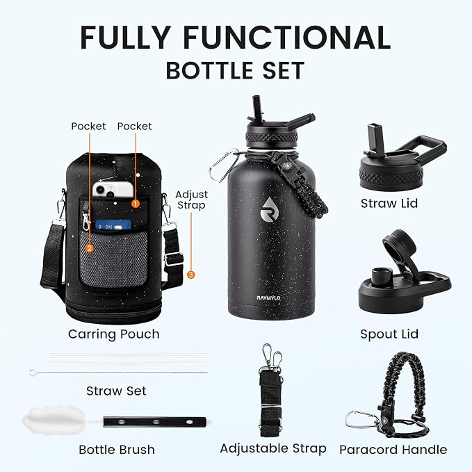 RAYMYLO Insulated Water Bottle 64 oz, Triple Wall Vacuum Stainless Steel (Cold for 48 Hrs), Leak Proof & Non-BPA, Half Gallon Water Flask Jug with Paracord Handle & Straw Spout Lids