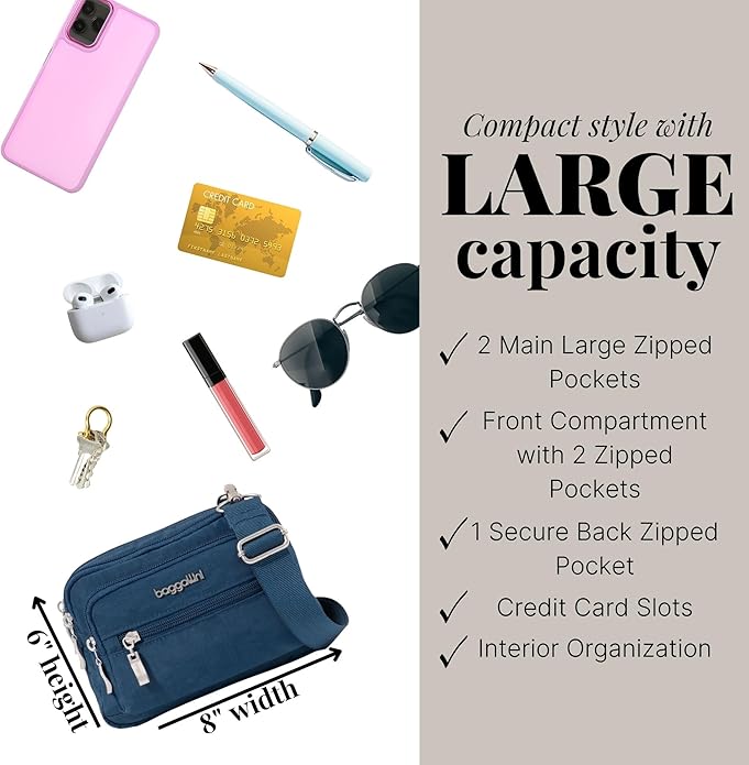 Baggallini Triple Zip Small Crossbody Bag for Women - Lightweight Convertible Fanny Pack Belt Bag