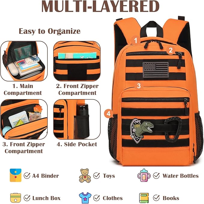 Kids Tactical Backpack Army Molle Bookbag Military Boys Backpack for School, Outdoor, Camping, Orange
