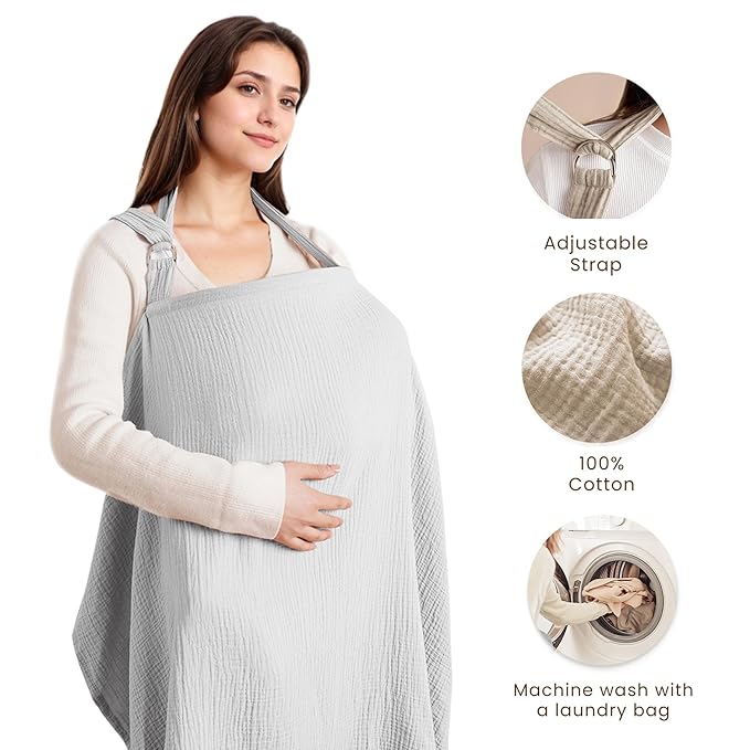 Konssy Muslin Nursing Cover for Baby Breastfeeding, Breathable 100% Cotton Breastfeeding Cover with Rigid Hoop for Mother Nursing Apron, Multi-use Carseat Canopy (Grey)