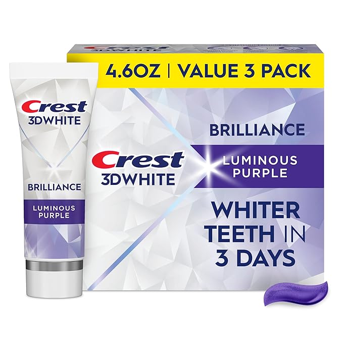 Crest 3D White Brilliance Luminous Purple Teeth Whitening Toothpaste, 4.6 oz Pack of 3, Anticavity Fluoride Toothpaste, Fights 100% More Surface Stains, 24 Hour Active Stain Prevention