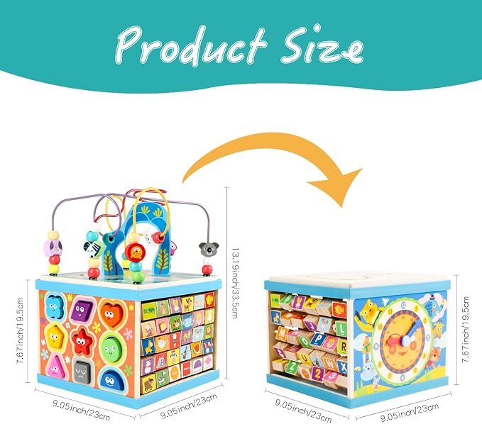 Qilay Wooden Activity Cube for Toddlers, 5 in 1 Multipurpose Abacus Early Educational Montessori Toys, Learning Toys for Kids | Bead Maze, Great for Boys Girls