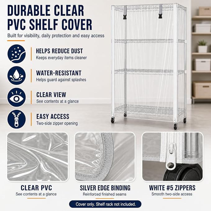 Clear Wire Rack Cover for Wire Shelving – Heavy-Duty PVC Dustproof Storage Rack Protector with Dual Front Zippers, 48" x 24" x 72" (Cover Only)