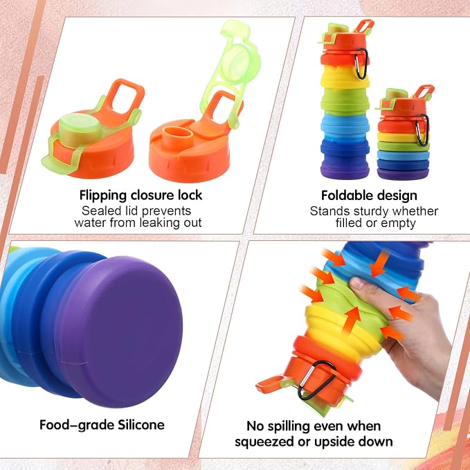 Sunnyray 20 Pack Collapsible Water Bottles Bulk Foldable Water Bottles 17oz Silicone Portable Leak Proof Reusable Sports with Clip for Travel Hiking Camping Outdoor (Colorful)