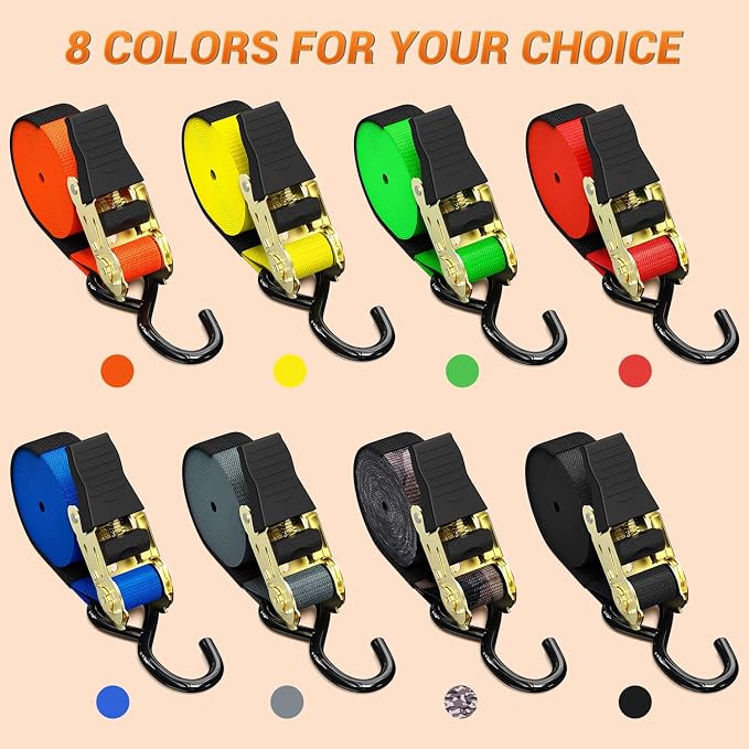 Ratchet Tie Down Strap 8-Pack 15 Ft - 500 lbs Load Cap with 1500 lbs Breaking Limit, Ohuhu Ratchet Tie Downs Logistic Cargo Straps for Moving Appliances, Motorcycle, Orange