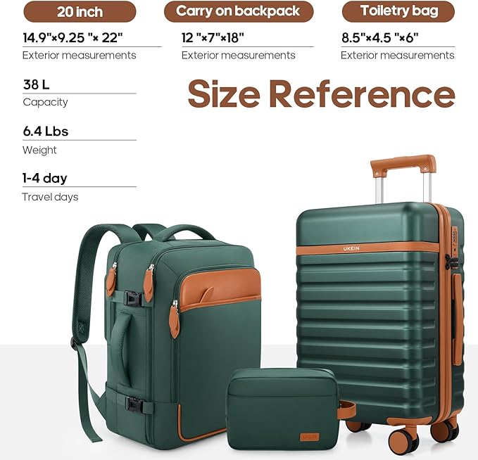 UKEIN Luggage Sets 3 Piece, Carry On Luggage 20In With Spinner Wheels,PC Hardside Suitcase Set with TSA Lock,Durable Carry On Suitcase With Travel Backpack for Men (Green, 3 piece set (20inch))