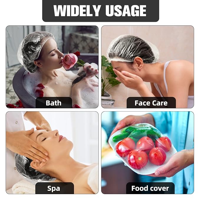 Larger Shower Caps Disposable, 200PCS Thicker Waterproof Plastic Elastic Hair Bath Caps, Plastic Hair Caps for Women, Spa, Home Use, Hotel and Hair Salon, Portable Travel
