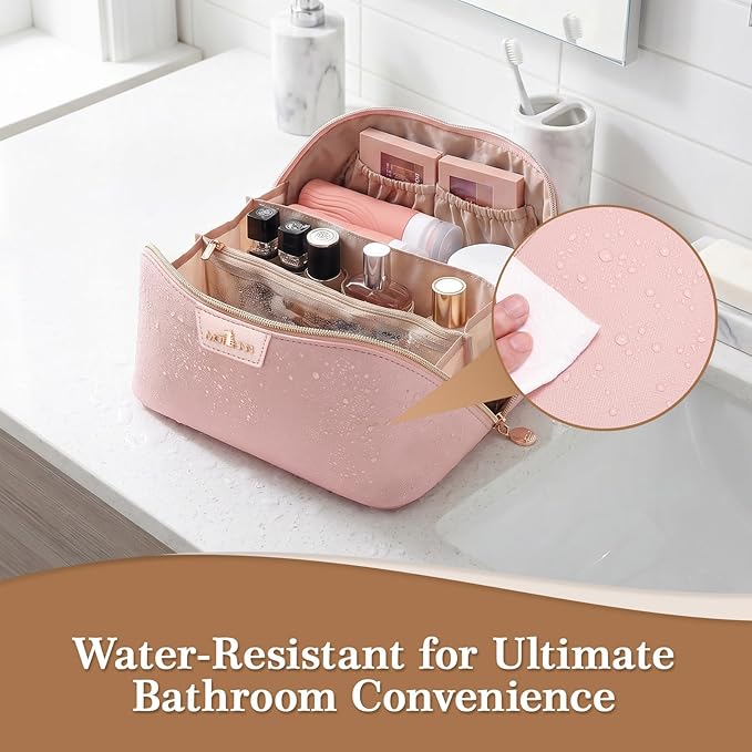 Travel Makeup Bag for Women: 3-in-1 Large Capacity Cosmetics Organizer with 2 Detachable Pouch - Vegan Leather Flat Open Toiletry Bag - Portable Travel Essentials for Full-Sized Bottles(Pink)