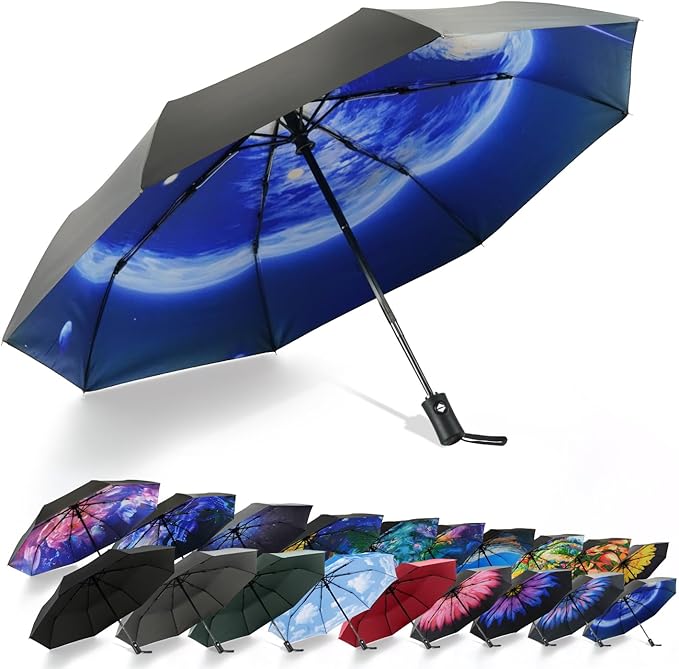 SY COMPACT Travel Umbrella - Windproof Automatic Compact Umbrella for Rain, Lightest 8-Rib, Small, Strong & Portable, Durable Grip, Fits Backpack & Car, Factory Direct (UV Available)