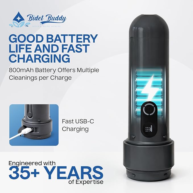 BIDET BUDDY® GoFlow Portable Bidet for Travel - 320ml Bottle with Adjustable Power Modes, Nozzle Wand, IPX7 Waterproof, USB C Charging, 800mAh Rechargeable Battery, Medium Pressure