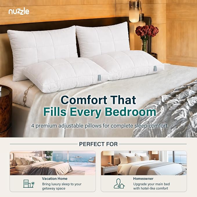 Nuzzle Adjustable Firm Pillow, Luxury King Size Bed Pillow Hotel Collection - Best Adjust Height Soft Cooling Pillow for Back, Stomach or Side Sleepers