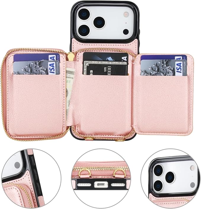 Bocasal RFID Blocking Wallet Case for iPhone 17 Pro Max, Adjustable Crossbody Zipper Purse Case Card Holder with Kickstand Detachable Wrist Strap, PU Leather Flip Folio Case 6.9 Inch 5G (Rose Gold)