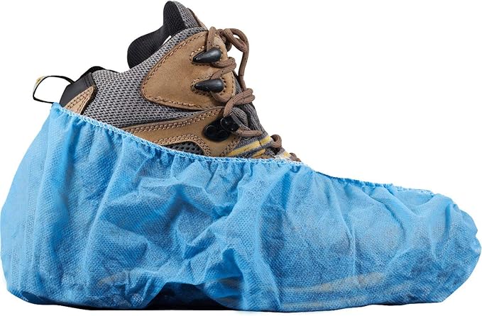 EZGOODZ Disposable Shoe Covers for Indoors and Outdoors 16" x 6.5", Pack of 100 Blue Splash-Proof Shoe Booties Disposable with Elastic Ankles, 50 gsm Polypropylene Disposable Booties to Cover Shoes