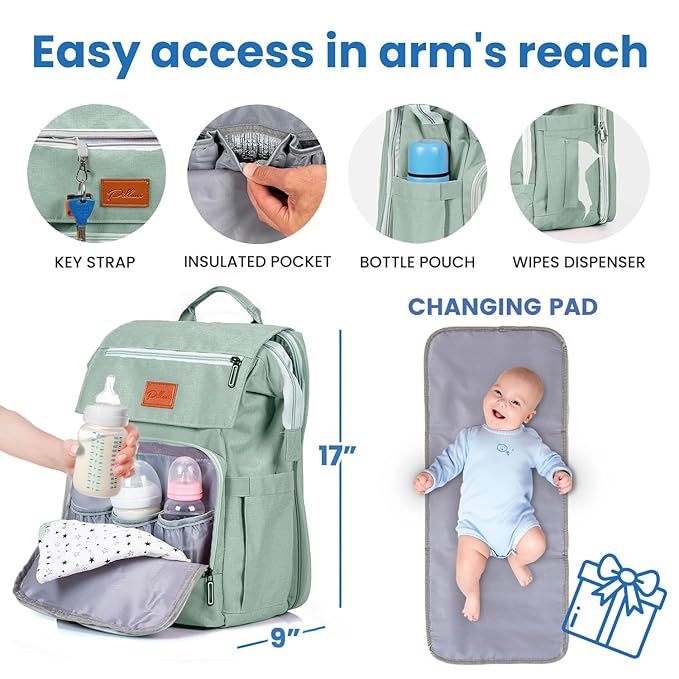 PILLANI Baby Diaper Bag Backpack - Baby Bag for Boys & Girls, Large Waterproof Diaper Backpack - Toddler Diaper Bag with Changing Pad, Boy Baby Shower Gifts for Mom - Newborn Stuff, Baby Essentials
