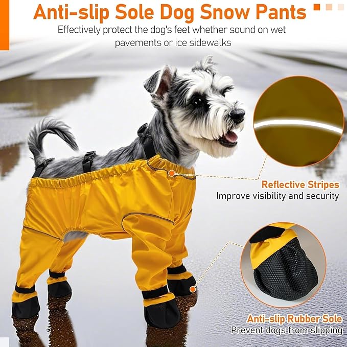 Waterproof Dog Boots Rain Boots with Suspender, Dogs Shoes Paw Protector for Small Medium Puppy, Anti-Slip Doggy Boot Belly Protector, Rain Booties Snow Booties (Medium, Yellow_)