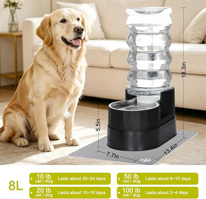 RIZZARI 8L Elevated Pet Water Dispenser – Stainless Steel Gravity Waterer | for Medium/Large Dogs & Senior Pets, Comfortable Drinking Height for Living Rooms & Multi-Pet Homes, Auto refill