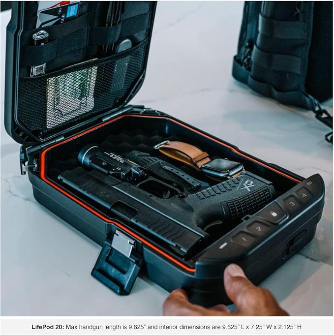 VAULTEK LifePod 20 Full-Size Biometric Lockable Weatherproof Case with Built-in Lock, Steel Security Cable, & TSA Handgun Case or Car Safe, Portable Travel Pistol Safe/Covert Black/Biometric
