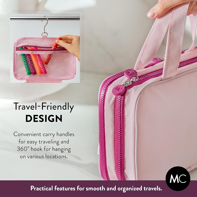 Kids Travel Organizer – Multi-Compartment, Water-Resistant Hanging Bag for Toys, Snacks, & Activities - Compact, Lightweight Design with Hook & Carry Handle - Perfect for Travel Use (Pink, Small)