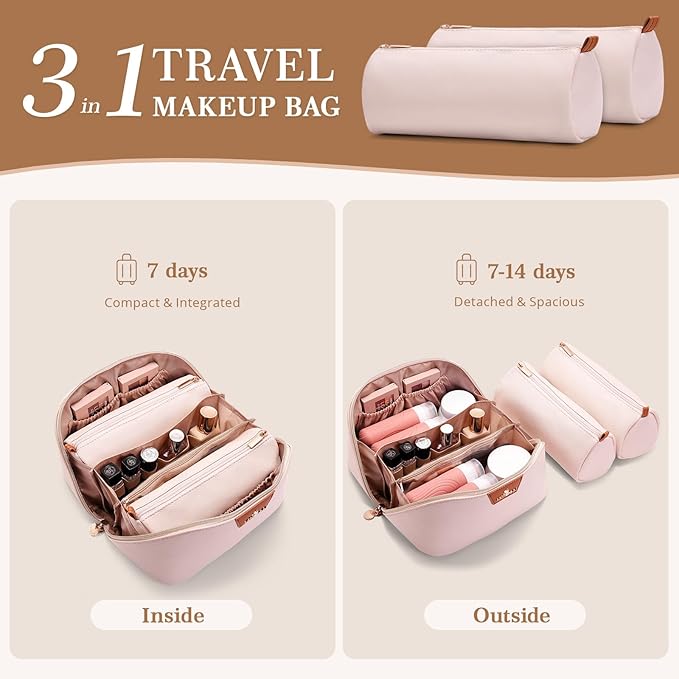 Travel Makeup Bag for Women: 3-in-1 Large Capacity Cosmetics Organizer with 2 Detachable Pouch - Vegan Leather Flat Open Toiletry Bag - Travel Essentials for Full-Sized Bottles(White)
