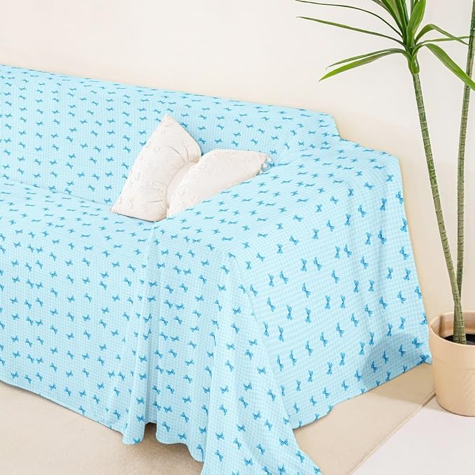 Blue Bow Non Slip Covers Sofa Covers for 3 Cushion Buffalo Plaid Decor Bowknot Dog Pet Couch Protector Kawaii Bow Tie Washable Anti-Slip Couch Cover Geometric Lattice Abstract Grid Sofa Cover,91"x118"
