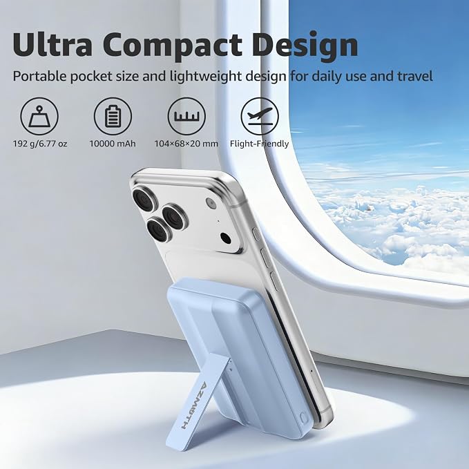 Azmuth Magnetic Power Bank,10000mAh for MagSafe Battery Pack, 22.5W PD Fast Charging,LED Display & Foldable Stand Wireless Portable Charger for iPhone 17/16/15/14/13/12/Pro/Pro Max/Plus,Light Blue