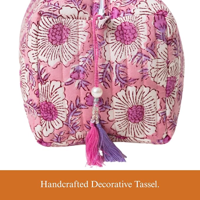 Saffron Marigold Quilted Makeup Bag Set of 3, Hand Block Printed Cotton Cosmetic Bags for Women, Waterproof Lined Travel Toiletry Bag, Coquette Floral Aesthetic, Handmade Gift, Lavendar & Rose Milk