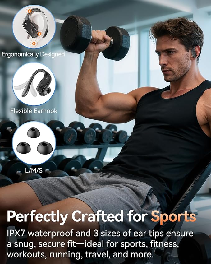 LEEMC Wireless Earbuds, Bluetooth Headphones 5.4, 80Hr Playtime Ear Buds with Hooks for Sports, Noise Canceling, LED Display, IPX7 Waterproof Earphones for Workout Running, Onyx