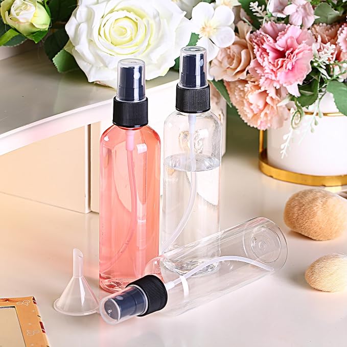 Layhit 100 Pcs 4 oz Small Spray Bottles Bulk, 120ml Clear Plastic Spray with 5 Pcs Small Funnels Mini Empty Fine Mist Bottles for Essential Oils Travel Perfumes