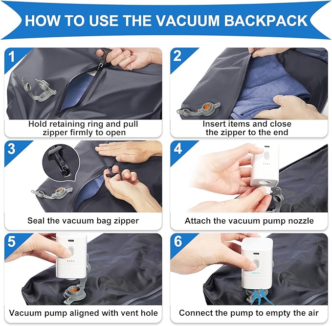 coowoz Vacuum Backpack Travel with Pump,Travel Backpack with Vacuum System For Women Men,Carry On Backpack,Hiking Backpack Waterproof Outdoor Sports Rucksack Casual Daypack,33L(Vacuum pump)