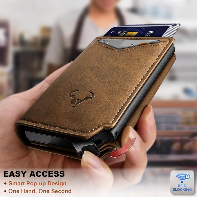 BULLIANT Men Wallet Leather Wallet Card Holders Money Clip for Men 10Cards-Magnetic Flip on Metal Case