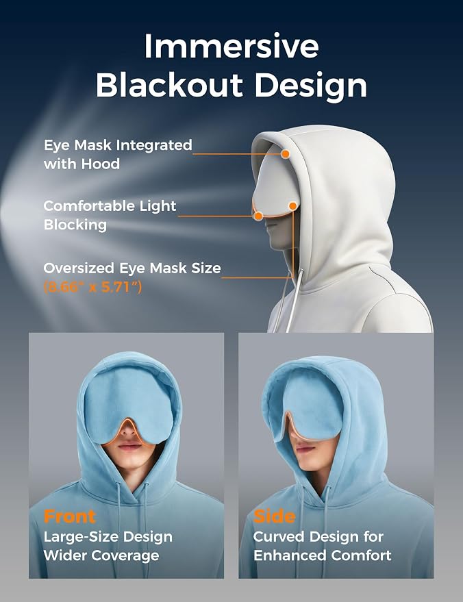Travel Hoodie with Built-In Eye Mask for Airplane Travel Breathable Comfort Pullover Sweatshirt Multiple Pockets