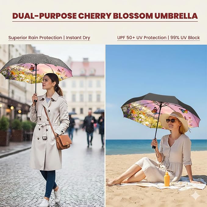SIEPASA Compact Travel Umbrella - Windproof Auto Open/Close, Small Folding Umbrella for Rain & Sun with UPF50+ - Lightweight Frame, Waterproof - Fits Backpack, Purse, Suitcase.(Garden Butterfly)