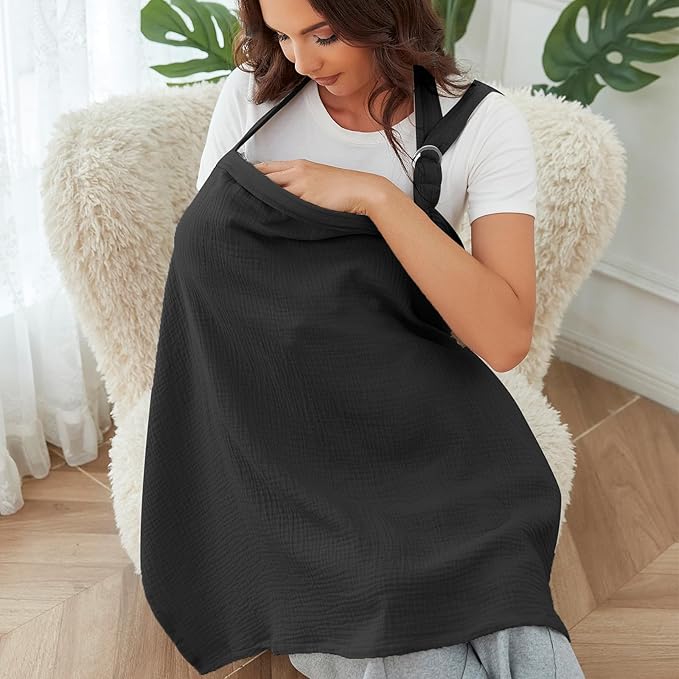 Muslin Nursing Cover for Baby Breastfeeding, Breathable 100% Cotton Breastfeeding Cover with Rigid Hoop for Mother Nursing Apron (Black)