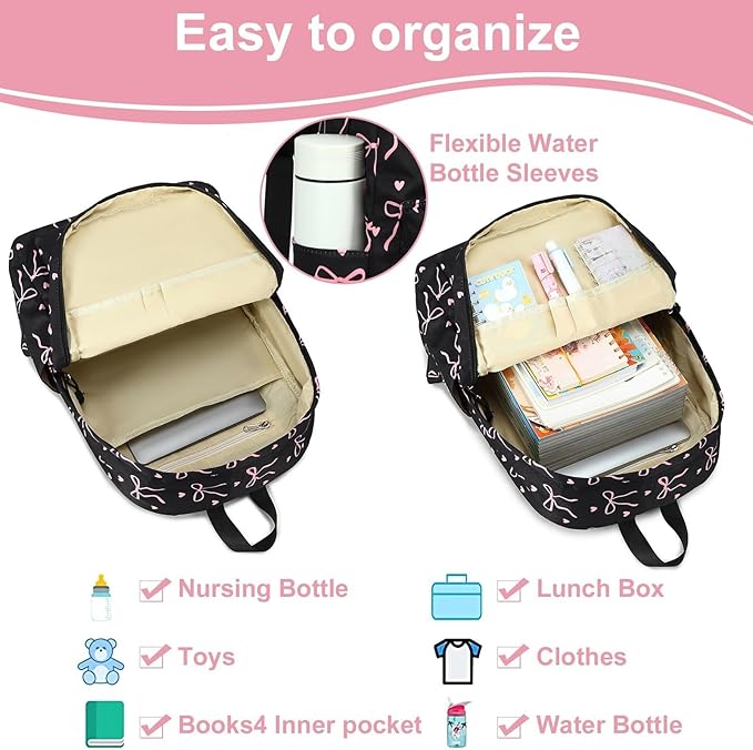 LOIDOU Backpack for Girls School Backpacks Bookbags for Elementary Middle School Women Laptop Backpacks (Bow tie Black, L-17)