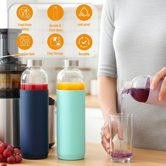 Luxfuel 18 oz Glass Bottles with Lids and Silicone Sleeve, Reusable Glass Juice Bottles with Stainless Steel Cap for Juicing, Refrigerator,100% Leak Proof, BPA Free,Glass Water Bottles Set of 10
