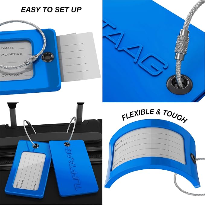 Luggage Tags Business Card Holder by TUFFTAAG - Flexible PVC Travel ID Bag Tag, Blue, 2 Pack