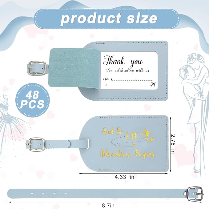 Sweetude 48 Sets Bulk Luggage Tags Wedding Favors and So The Adventure Begins Leather Luggage Tags for Suitcases with Name Card for Travel Themed Bridal Shower Graduation Party Favor(Haze Blue)
