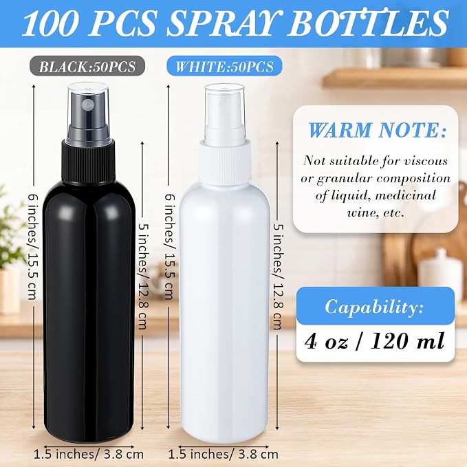 Kigley 100 Pcs Small Spray Bottle Bulk 4 oz Plastic Empty Mist Spray Bottles for Essential Oils Fine Mist Sprayer Reusable Refillable Portable Travel Containers for Cleaning Samples (Black and White)
