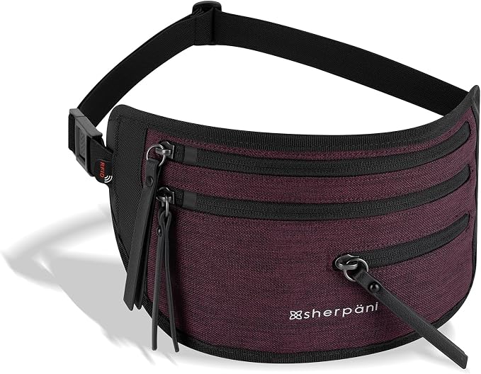 Sherpani Jett, Travel Money Belt, Secure Waist Bag, Slim Passport Holders, Blocking Hidden Wallet Belt Bag, Fanny Pack for Women, Travel Gift, RFID Protection (Merlot Lite)