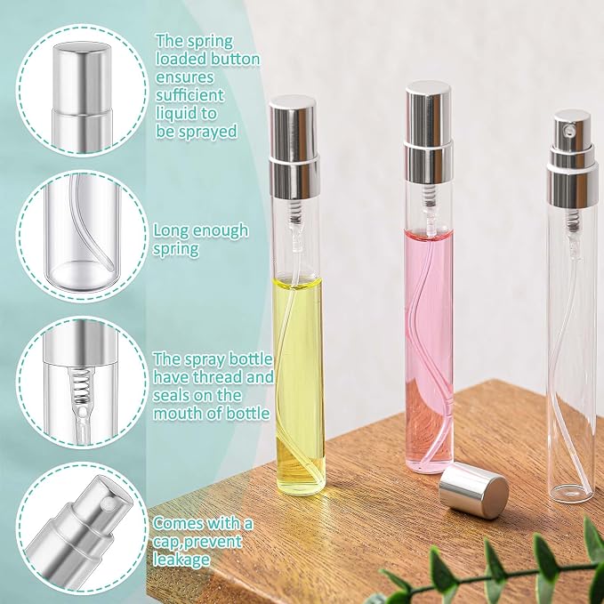 Zhehao 100 Pcs Mini Spray Bottles 10 ml Clear Glass Perfume Bottles Refillable Fine Mist Perfume Atomizer Portable Empty Sample Containers for Cleaning, Essential Oils, Travel (Silver Cap)